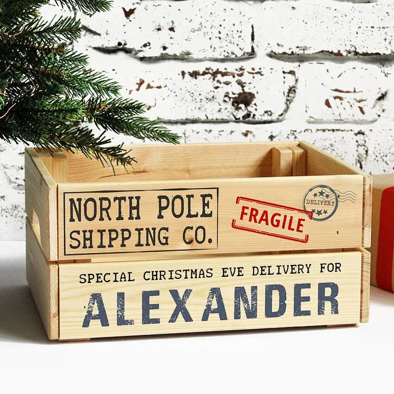 Cheaper Home Personalised Christmas Eve Box, Wooden Xmas Shipping Crate,  Storage box