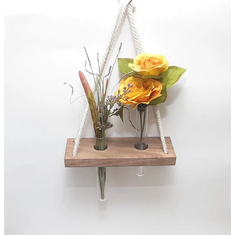 Wooden Hanging Shelf with 2 Glass Vases and rope, Wall Decor. Hanging planters