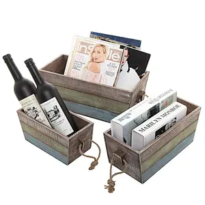 Nesting Wood Storage Crates, Stripe Design Wood Boxes with Rope Handles, Set of 3, Brown