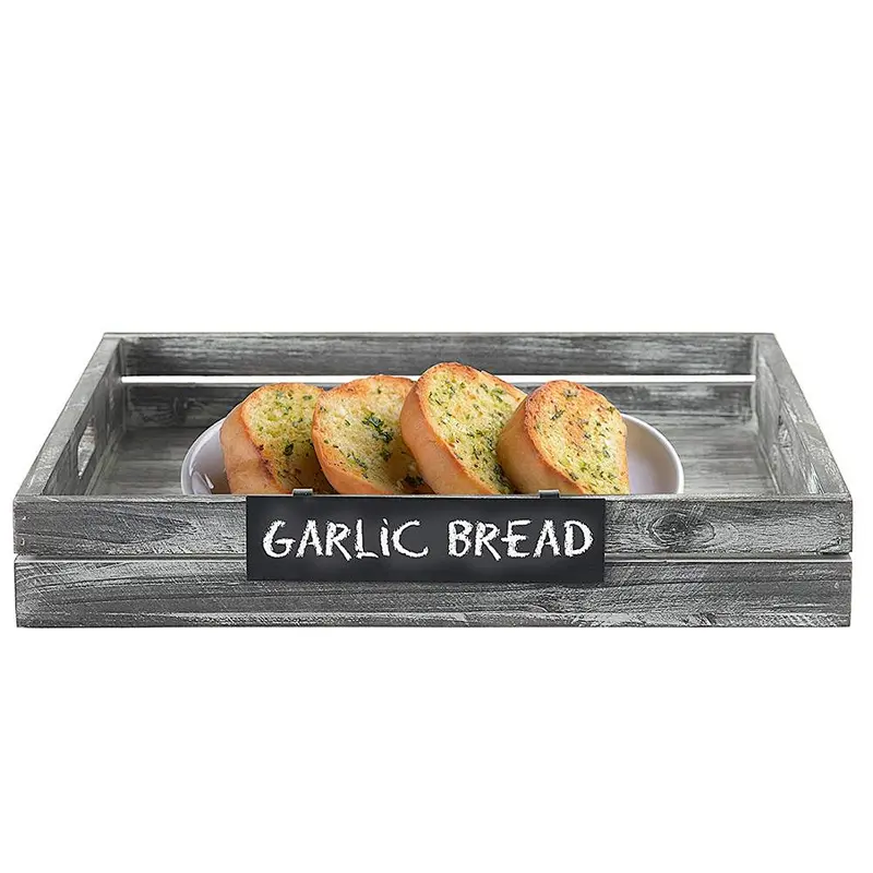 Whitewashed Gray Wood Crate Style Serving Tray with Handles & Removable Metal Chalkboard Label