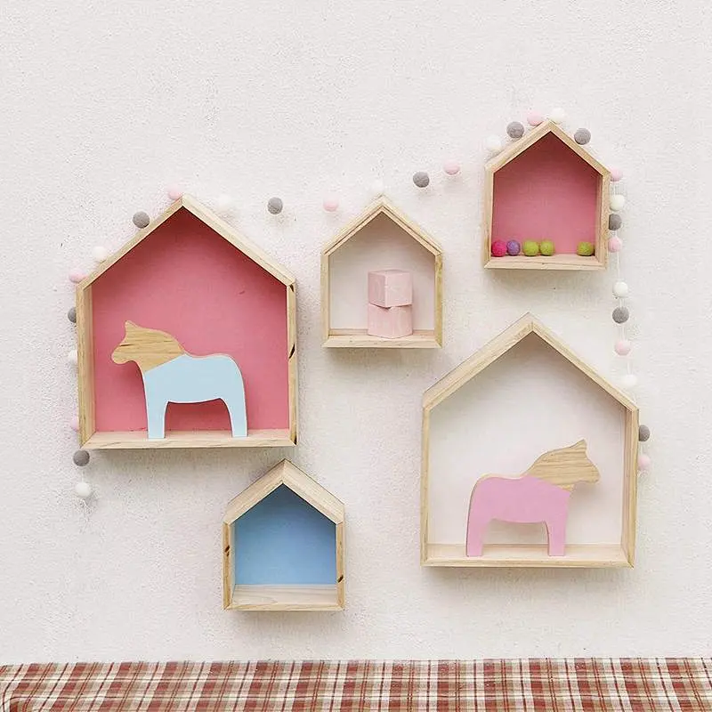 1 2Pcs Lovely Wooden House-Shaped Wall Storage Shelf Kid'S Room Decoration