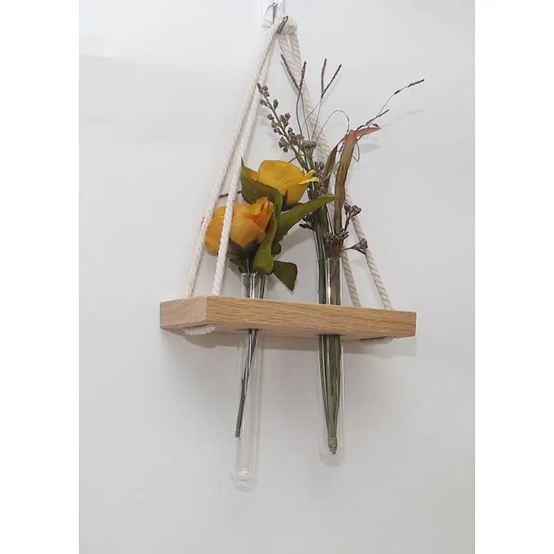 Wooden Hanging Shelf with 2 Glass Vases and rope, Wall Decor. Hanging planters