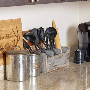 Rustic Kitchen Utensil Holder With 3 Compartments Torched Wood Utensil Organizer For Cutlery, Napkins, Cups