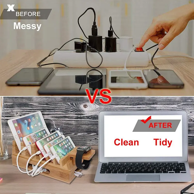 Wood Decor -  Charging Station Holder, Wood Docking Stand Organizer for Multiple Devices