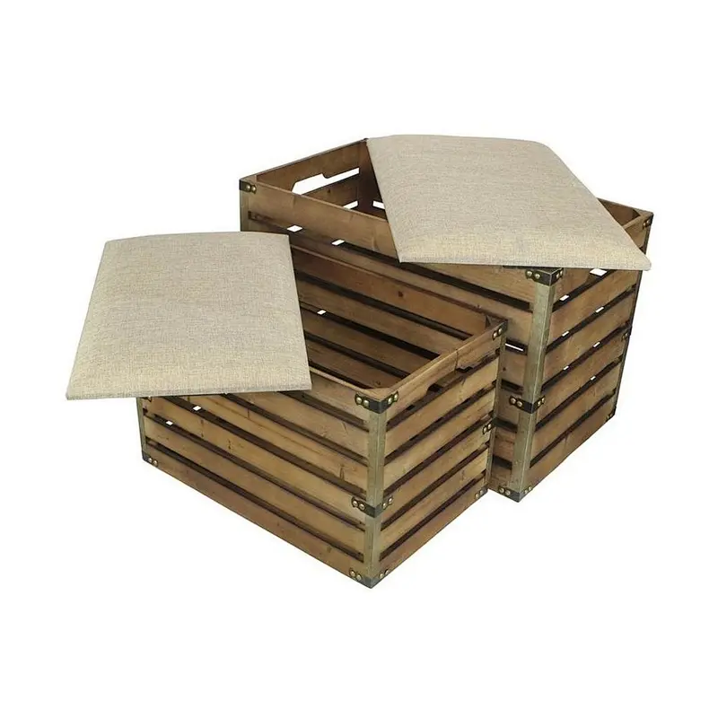 Wooden Boxes, Rectangular Handmade Wood Slat Storage Crate with Metal Accent and Cushioned Lid - Set of 2