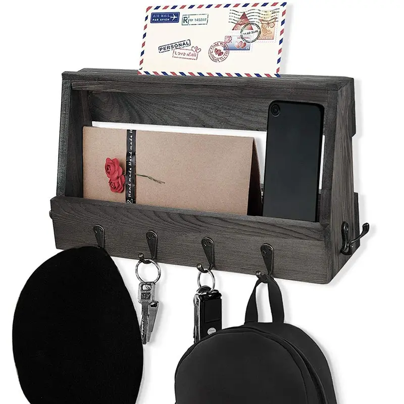 Wooden Wall Mount Mail Holder Organizer with 8 Hooks Coat Rack