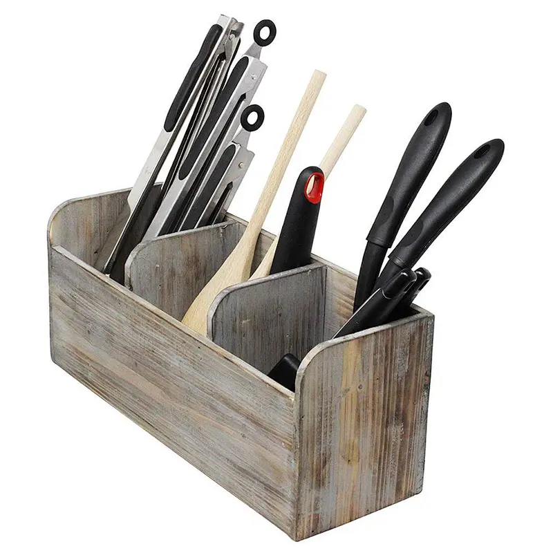 Vintage Rustic junji Torched Wood Kitchen Utensil Holder 3 Compartment Organizer Caddy Box For Cooking