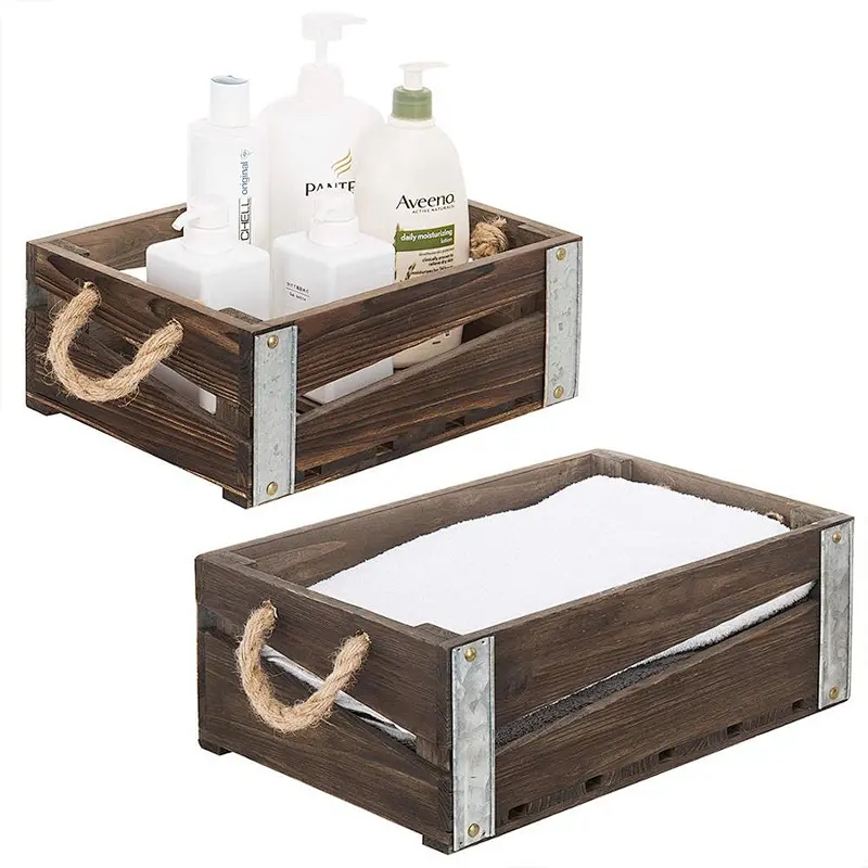 Rustic Wood Nesting Storage Crates with Rope Handles, Set of 2