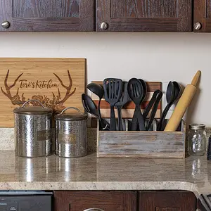 Rustic Kitchen Utensil Holder With 3 Compartments Torched Wood Utensil Organizer For Cutlery, Napkins, Cups