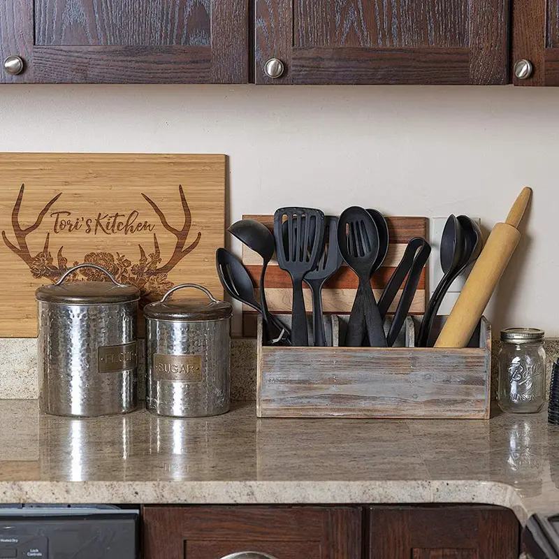 Rustic Kitchen Utensil Holder With 3 Compartments Torched Wood Utensil Organizer For Cutlery, Napkins, Cups