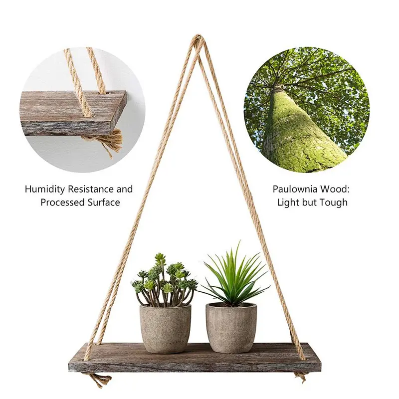 Decorative Wall Hanging Shelf - Distressed Wood Jute Rope Floating Shelves - Rustic Home Wall Decor - Set of 2