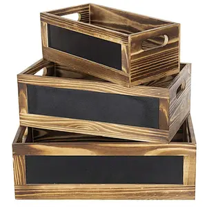 Rustic Burnt Wood Nesting Storage Crates with Chalkboard Front Panels, Set of 3