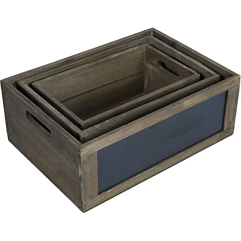 Gift Rustic Brown Wood Nesting Storage Crates with Chalkboard Front Panel and Cutout Handles wooden boxes