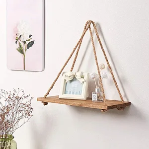 SAND MINE Set of 3 Wood Wall Hanging Shelf  Wood Floating Shelves  Hanging Swing Rope Shelves
