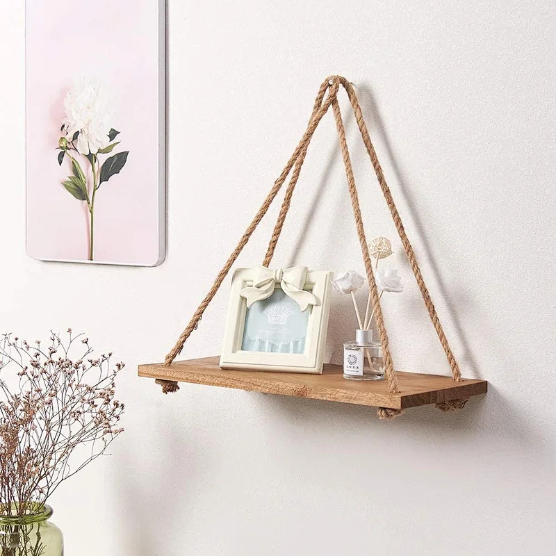SAND MINE Set of 3 Wood Wall Hanging Shelf  Wood Floating Shelves  Hanging Swing Rope Shelves