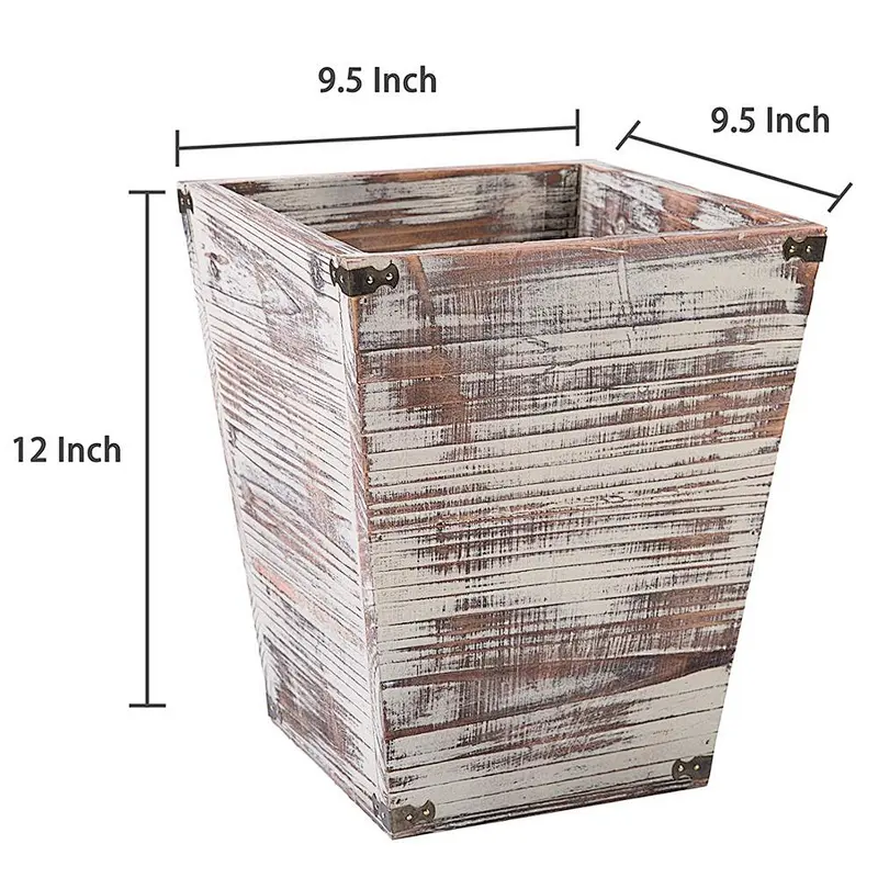 Farmhouse Style Torched Wood Square Wastebasket Bin with Decorative Metal Brackets