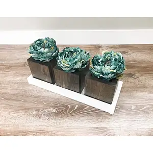 White wood tray with planters Set of 3 brown planters Handmade Flower pots Brown and White Rustic Farmhouse Home Decor