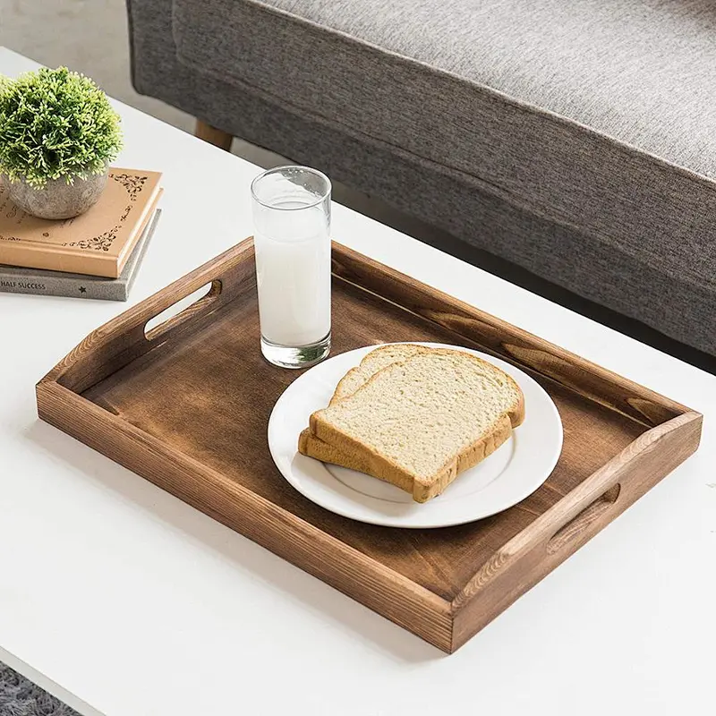 Nesting Burnt Wood Serving Trays with Cutout Handles, Set of 3