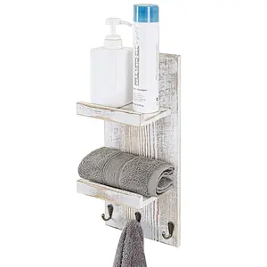 Rustic wood floating wall shelves bathroom shelf with hooks wall mounted home decor wall shelf