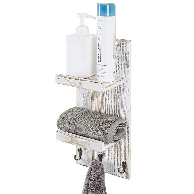 Rustic wood floating wall shelves bathroom shelf with hooks wall mounted home decor wall shelf