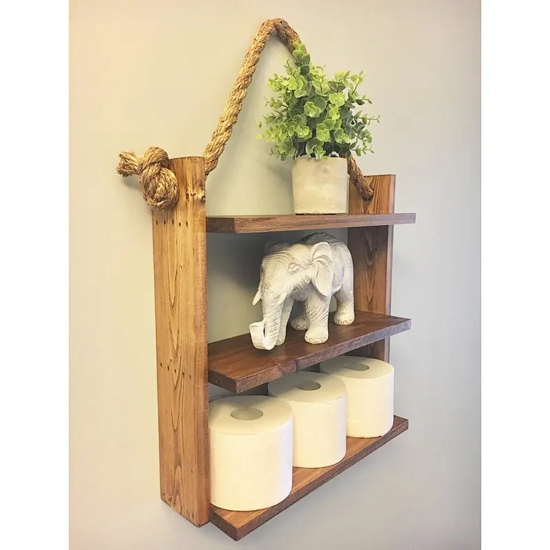 Bathroom Shelf Organizer with Towel Hooks  Modern Farmhouse Brown Country Storage  Apartment Decor