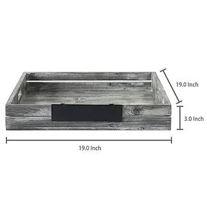 Whitewashed Gray Wood Crate Style Serving Tray with Handles & Removable Metal Chalkboard Label