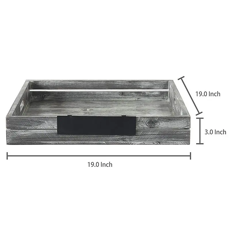 Whitewashed Gray Wood Crate Style Serving Tray with Handles & Removable Metal Chalkboard Label