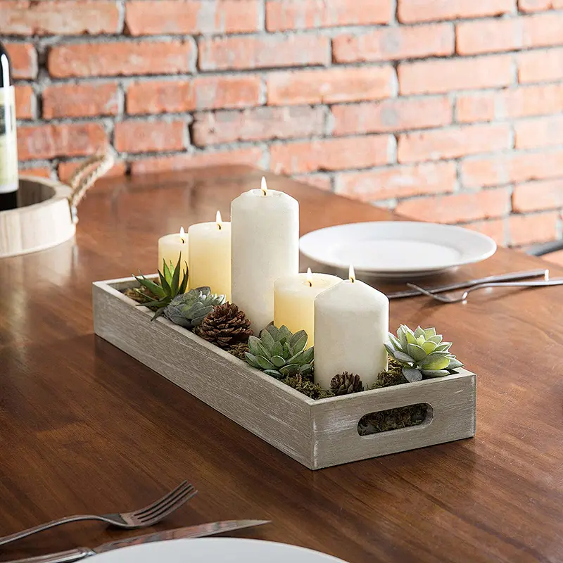 17-Inch Rustic Wood Decorative Serving Trays with Cutout Handles  Set of 2 For Home Decor Desk