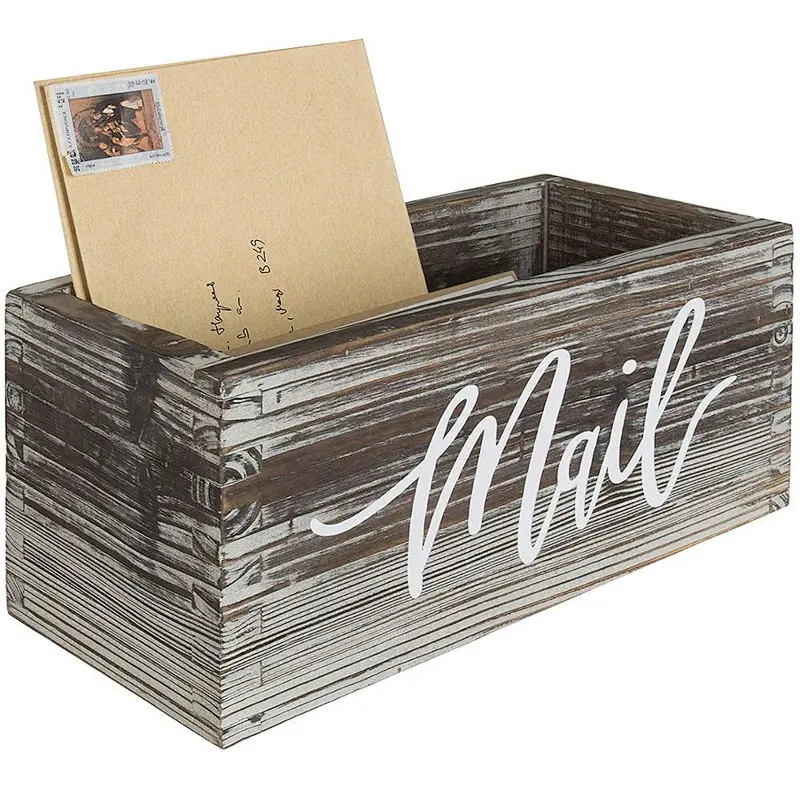 Rustic Torched Wood Tabletop Decorative Mail Holder Box