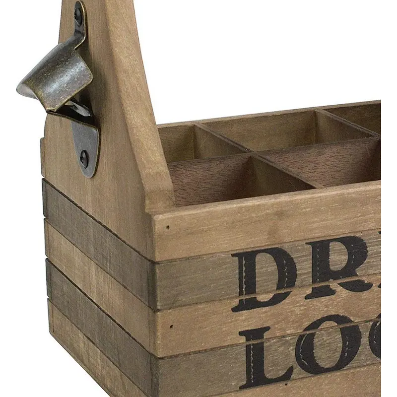 Stonebriar Wooden Drink Local Beer Caddy with Handle and Metal Bottle Opener, Large, Brown