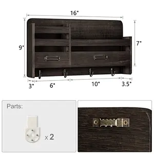 Mail Sorter Organizer Wood Key Holder Organizer for Wall, Rustic 2-Slot Wall Mail Holder with Tags Frame & 4 Key Hook Rack