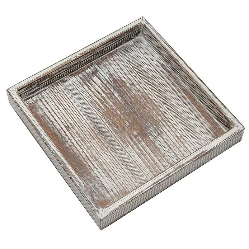 10 inch Torched Wood Decorative Tray, Ottoman Coffee Table Accent