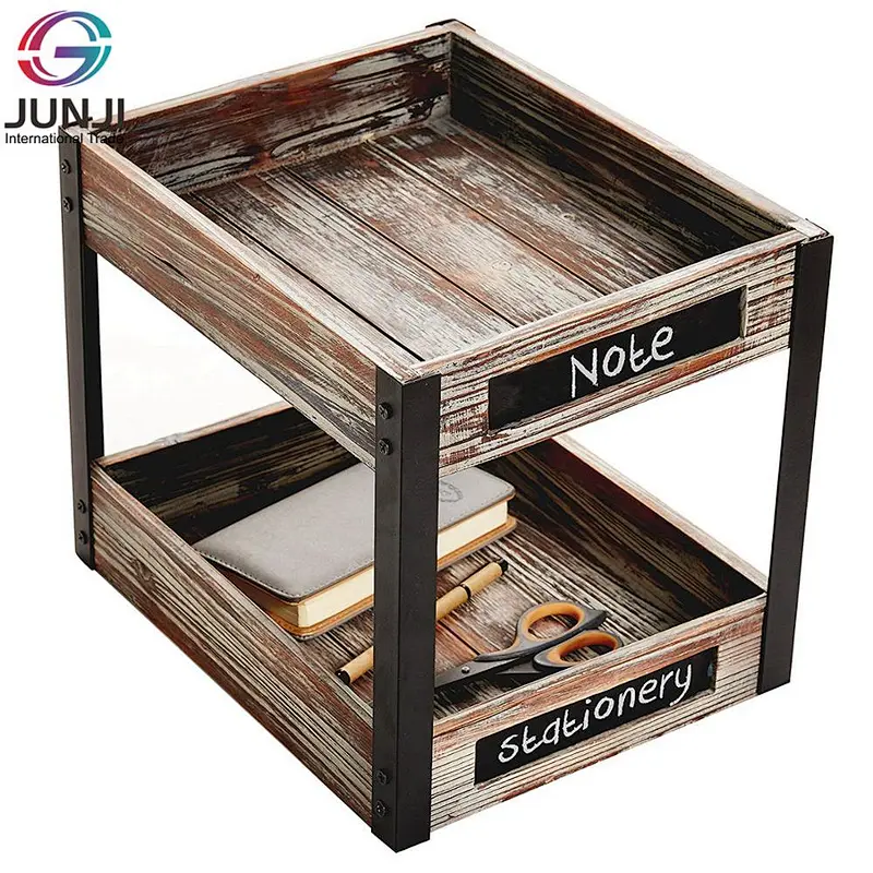 2 Tier Industrial Style Torched Wood Desktop Document Tray Paper File Holder with Chalkboard Labels