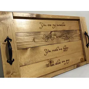 Rustic wood serving tray with handles, storage wood burned trayServing Trays for OttomansWooden Tray TableWood TrayWooden Tray