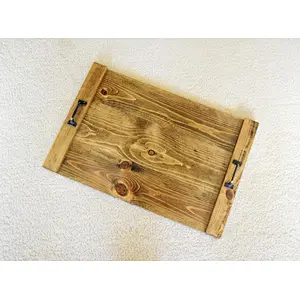Rustic style hotel wooden etiquette tray with handles