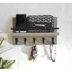 Entryway Organizer Key and Mail Shelf with Hooks, Rustic Home Decor Organizer, Multiple Key Holder