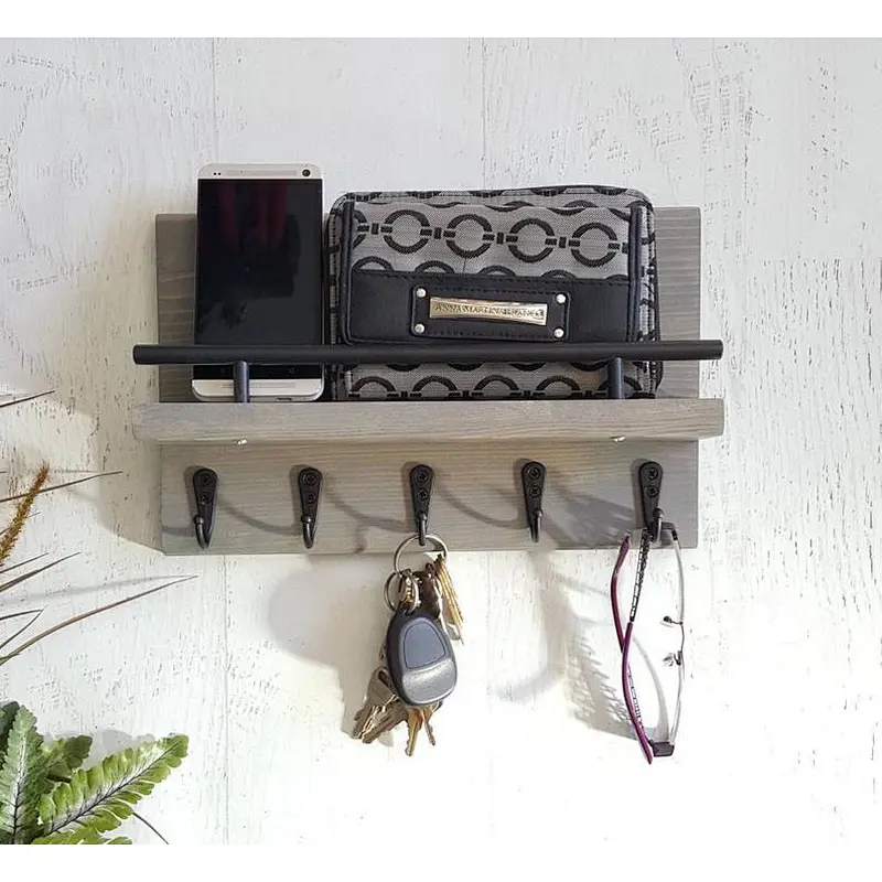 Entryway Organizer Key and Mail Shelf with Hooks, Rustic Home Decor Organizer, Multiple Key Holder