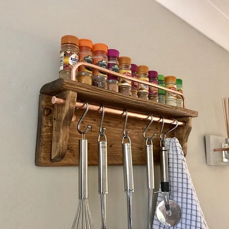 Shelving Unit, Reclaimed Wood & Pure Mineral Copper, Neat Rustic Spices and Utensil wood  Shelf,