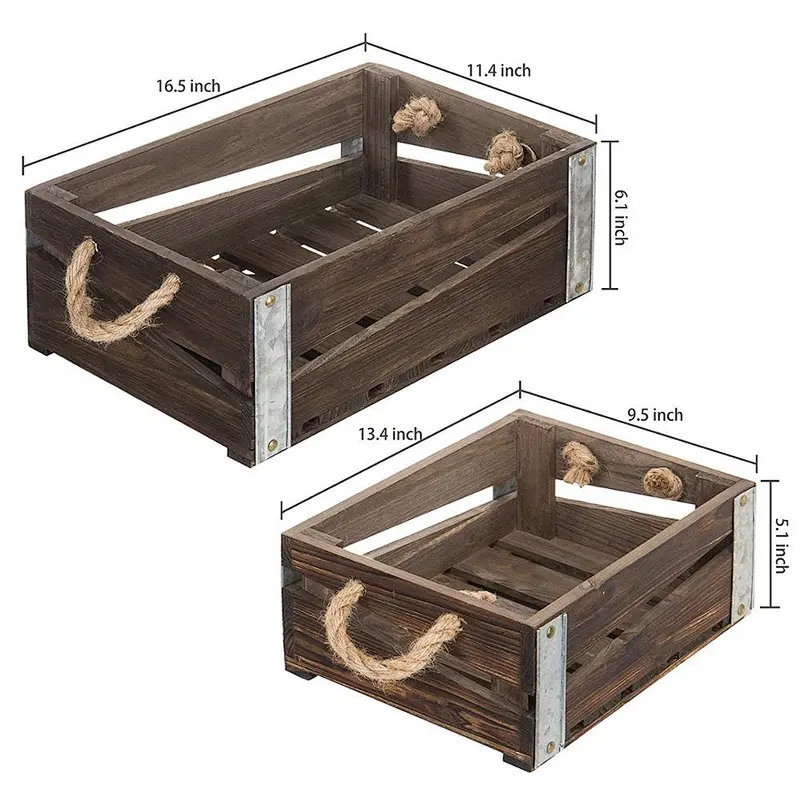 Rustic Wood Nesting Storage Crates with Rope Handles, Set of 2