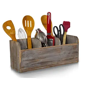 Rustic Kitchen Utensil Holder With 3 Compartments Torched Wood Utensil Organizer For Cutlery, Napkins, Cups