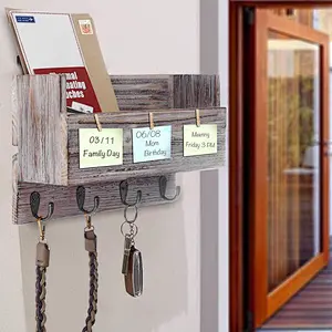 Rustic Wood Wall 4 Key Holder Hooks Memo Clips Entryway Organizer for Letter Mail Holder Magazine Holder
