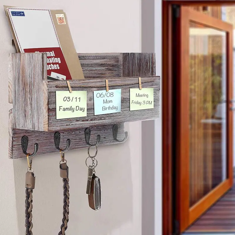 Rustic Wood Wall 4 Key Holder Hooks Memo Clips Entryway Organizer for Letter Mail Holder Magazine Holder