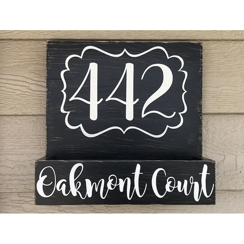 Rustic handmade wooden house number planter outside decoration