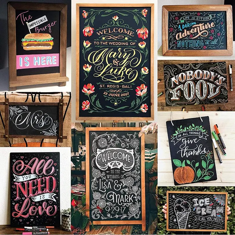 Small Rustic Hanging Chalkboard Sign with Wood Frame and Magnetic Surface for Kitchen, Menu, Wedding Decor - Compatible with Liq
