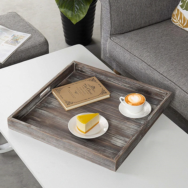 Unfinished Wood TraysWood Serving TraylWoodenOttoman TrayWood Dinner Plate TrayBreadWooden Tray With Metal Handle For Decoration
