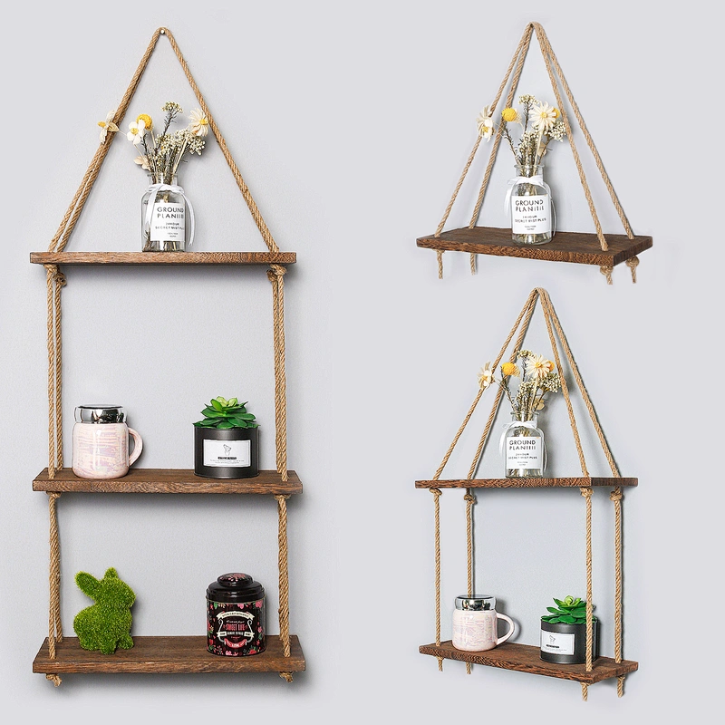1/2/3 Tiers Wooden Hanging Rope Shelf Wall Mounted Floating Shelf Storage Rustic  Shelf boho