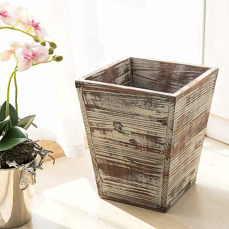 Farmhouse Style Torched Wood Square Wastebasket Bin with Decorative Metal Brackets