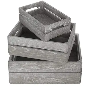 Set of 3 Nesting Ash Brown Wood Accent Crates, Storage Pallet Boxes with Handles