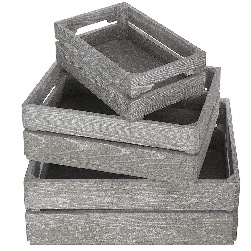 Set of 3 Nesting Ash Brown Wood Accent Crates, Storage Pallet Boxes with Handles