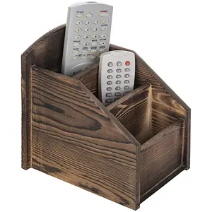3-Slot Burnt Wood Remote Control Caddy/Media Organizer